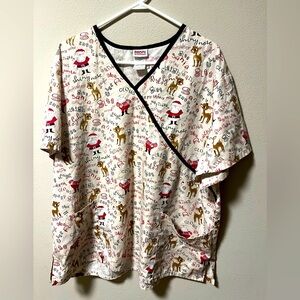 Rudolph Brand Women's Christmas Santa Scrub Top, Size 2XL. V-neck With Pockets.
